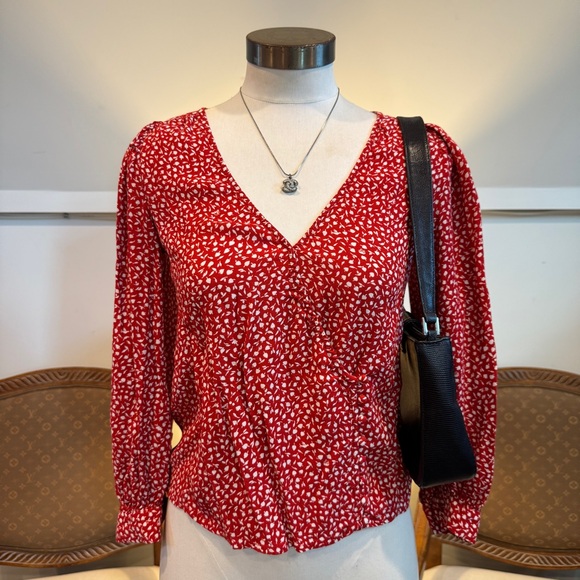 Madewell Red Floral Patterned Women's Long Sleeve Top Blouse, Oversized - Picture 2 of 11